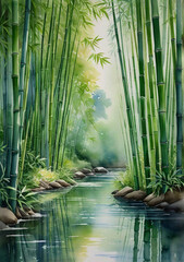A serene bamboo forest with tall stalks swaying gently.