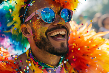 Man at gay pride parade, gay african-american man with colorful feathers and lgbt makeup in the streets in celebration