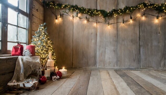 Sala r&uacute;stica e mesa com enfeites de natal
