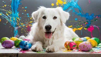Cachorro branco com ovos de páscoa coloridos