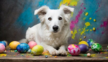 Cachorro branco com ovos de páscoa coloridos