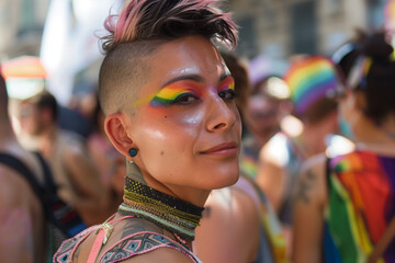 Queer person at gay pride parade, short hair and colorful make up in the streets full of lgbt people