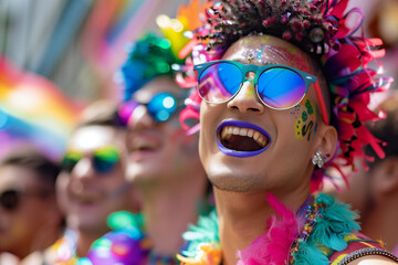 Transsexual person at gay pride parade, copy space of an african-american surrounded by lgbt people in celebration in the streets