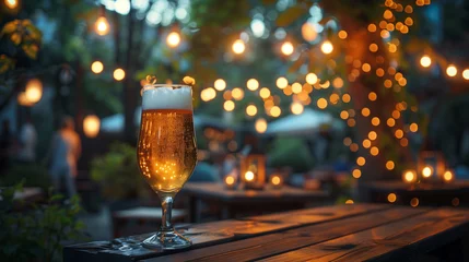 Foto op Canvas A cold beer glass set on an outdoor bar table, with natural evening light creating a serene bokeh effect with the surrounding lanterns and lights. © NaphakStudio