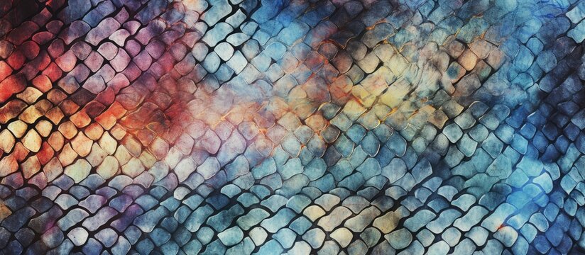 Detailed and colorful painting depicting a fish scale pattern on a vibrant background with shades of red, blue, and yellow