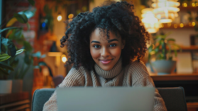 At a dynamic co-working space, a young woman's cheerful demeanor complements her focused work on the laptop, embodying modern work ethics.