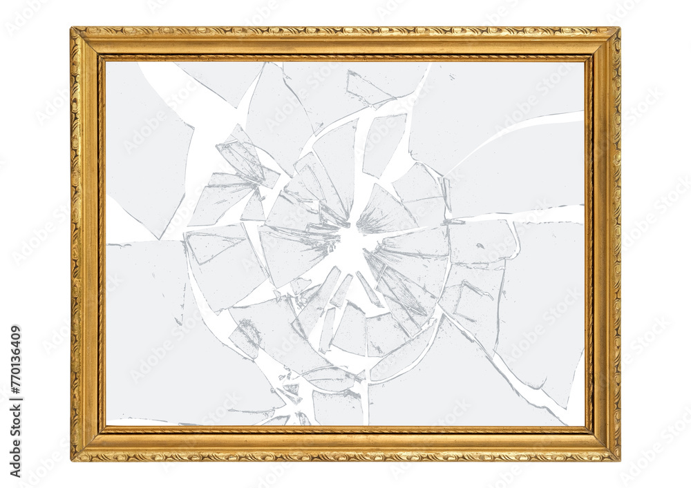 Wall mural Vintage gilded antique picture frame and broken glass cracks and splinters with transparent background.