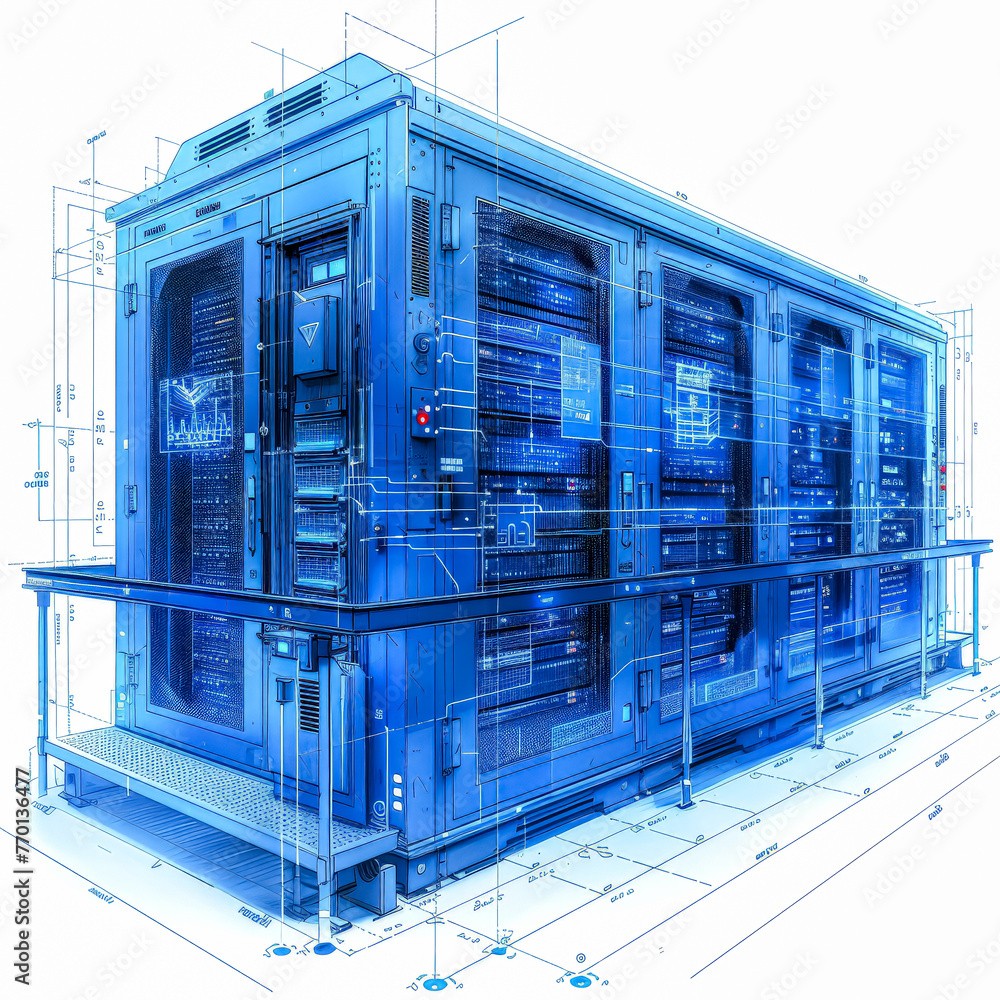 Poster a large blue computer server room with a blue and white design. the room is filled with computer ser