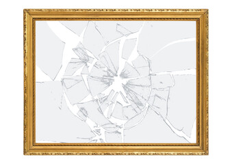 Vintage gilded antique picture frame and broken glass cracks and splinters with transparent...