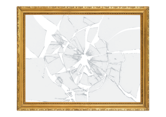 Vintage gilded antique picture frame and broken glass cracks and splinters with transparent background.