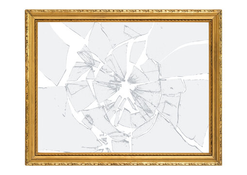 Vintage gilded antique picture frame and broken glass cracks and splinters with transparent background.