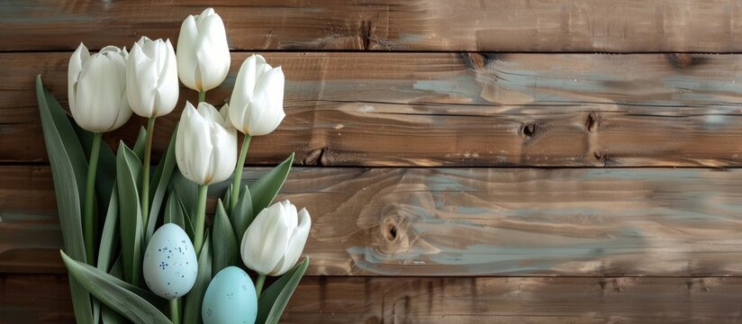 Easter eggs and a bouquet of white tulips displayed in front of a wooden wall, providing room for your messages.