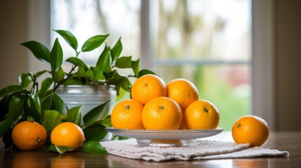 Oranges on Silver Dish in Warm Setting Ai generated