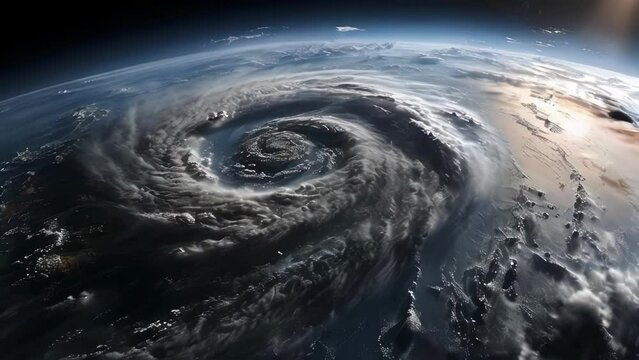 View from space from above on a hurricane tornado swirl of clouds and wind, a storm front of bad weather and natural disaster