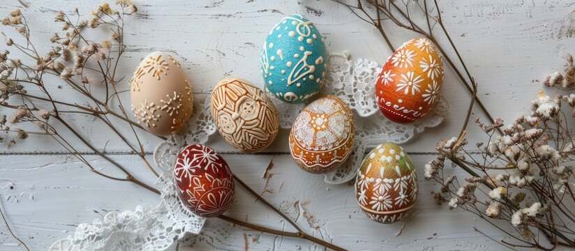 Easter eggs were adorned using a wax-resist technique passed down from Eastern European tradition, featuring contemporary designs. The scene includes a display of Pysanka, dried foliage,