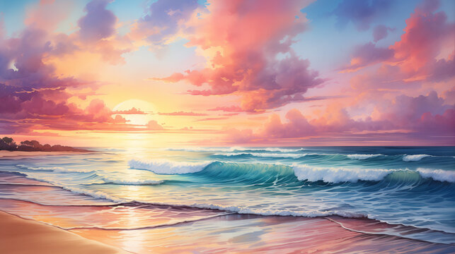 Indulge in the mesmerizing allure of a watercolor artwork capturing ocean waves under a vibrant sunset sky, evoking a profound sense of awe and calmness.