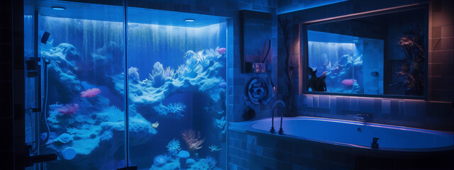 Bathroom interior with large coral reef aquarium, blue and green colors, contemporary style, interior design, digital art