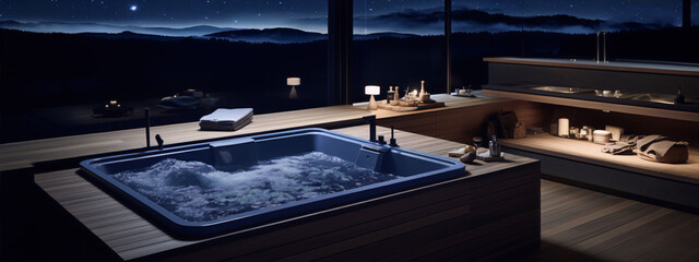 Hot tub on a wooden deck with a view of a mountain landscape at night, in a contemporary style with a minimalist aesthetic.