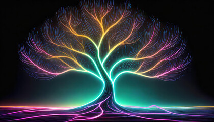 Abstract art of a tree glowing in the dark with smooth neon lines and dark background