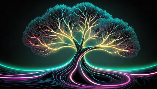 Abstract art of a tree glowing in the dark with smooth neon lines and dark background. AI generated.