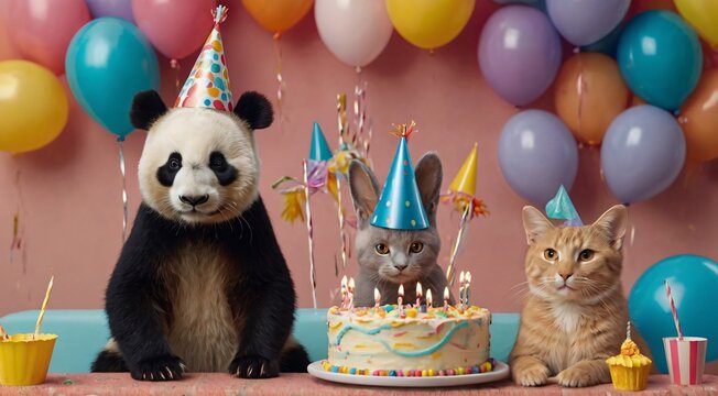 Animal Birthday Bash - Create a cute and whimsical image with animals like pandas, rabbits, and cats wearing party hats and enjoying a birthday party.

