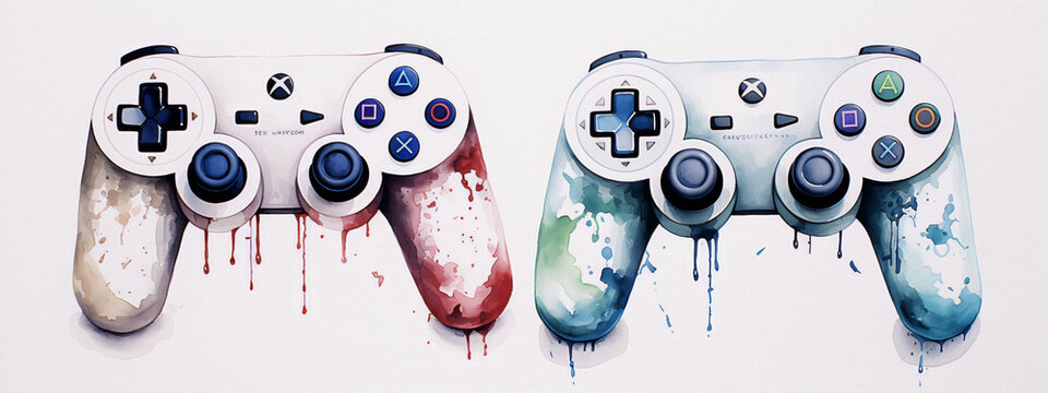 Painting of two watercolor gamepad controllers in white and blue with red and green paint splatter.