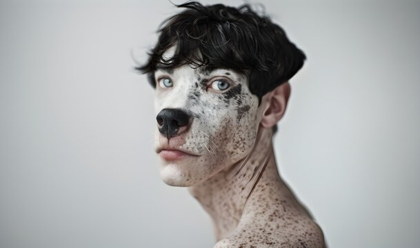 human dog, anthropomorphic hybrid of human and animal, portrait of a young man with the nose and hair of a dog, beautiful model, fantastic character, advertising, imaginary creature