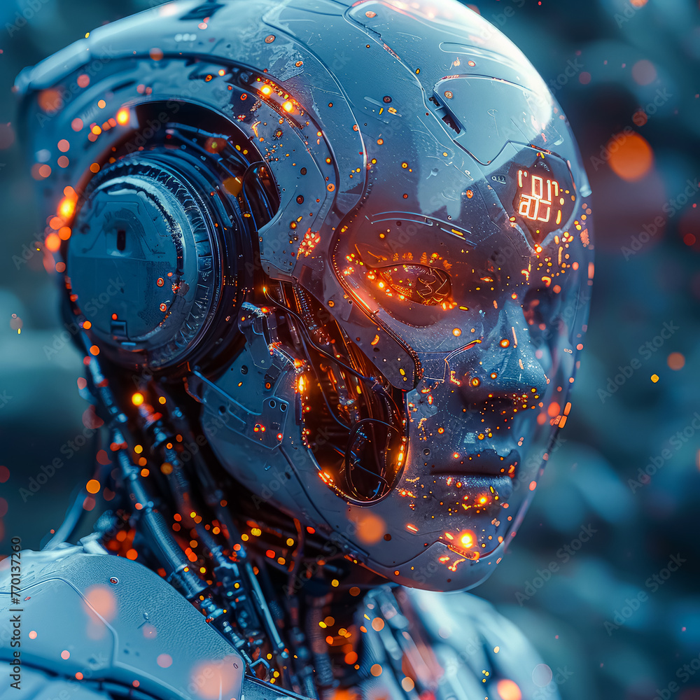 Poster a robot is standing in a store with people around it. the robot has a creepy, metallic appearance an