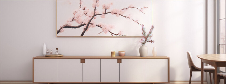 Minimalist interior design with cherry blossom painting, pink accents and wooden furniture in natural light