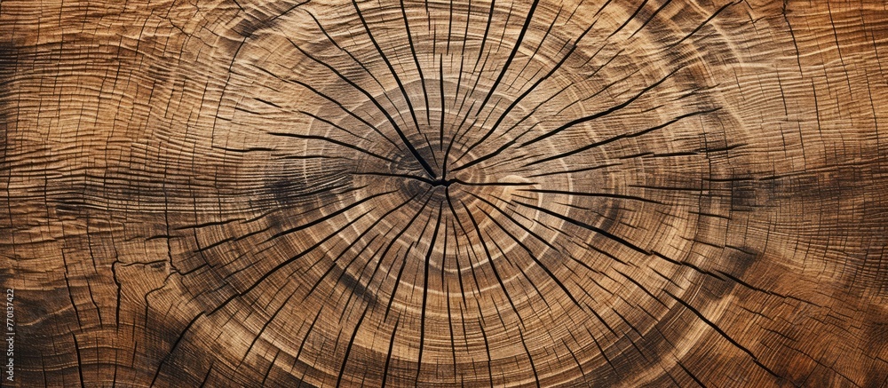 Poster a closeup of a tree stump displaying the annual rings, showcasing the symmetry and pattern of the ha