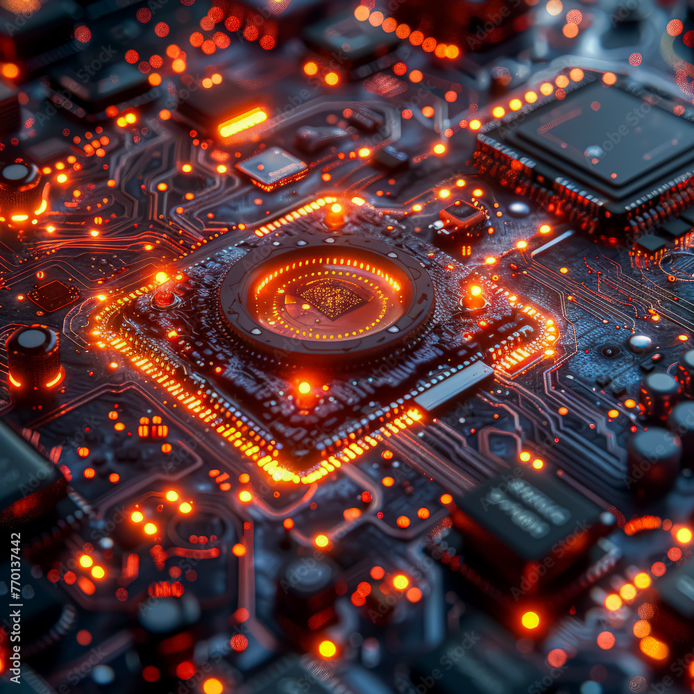 Poster a close up of a computer chip with a red glow. the chip is a microprocessor and is surrounded by oth