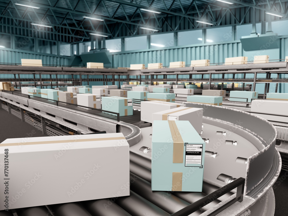 Poster Automated Logistics Center in Operation with Parcels Conveying on Roller Belts for Efficient Sorting and Distribution 3d image