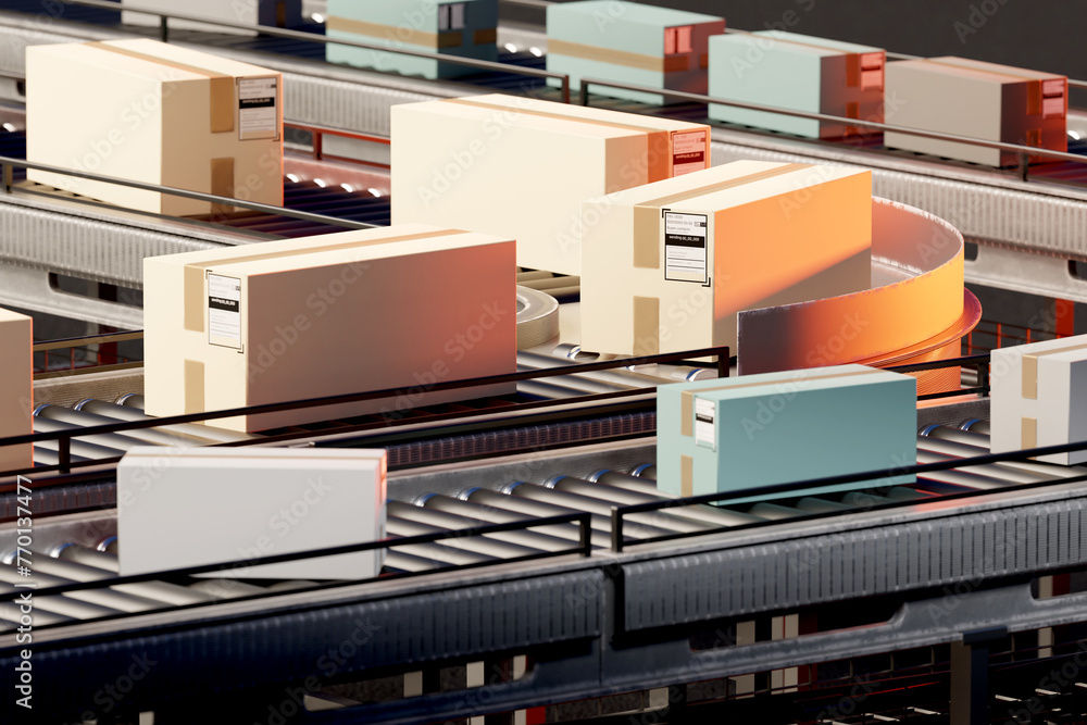 Poster intricate conveyor belt system in a distribution facility carrying various sized parcels for sorting