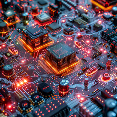 Fototapeta premium A close up of a computer chip with a red glow. The chip is a microprocessor and is surrounded by other electronic components.