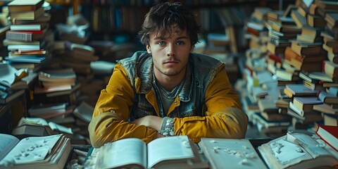 A young man surrounded by books and technology, immersed in a world of dreams. Concept Bookworm Lifestyle, Tech Enthusiast, Dreamer's Paradise, Young and Intellectual