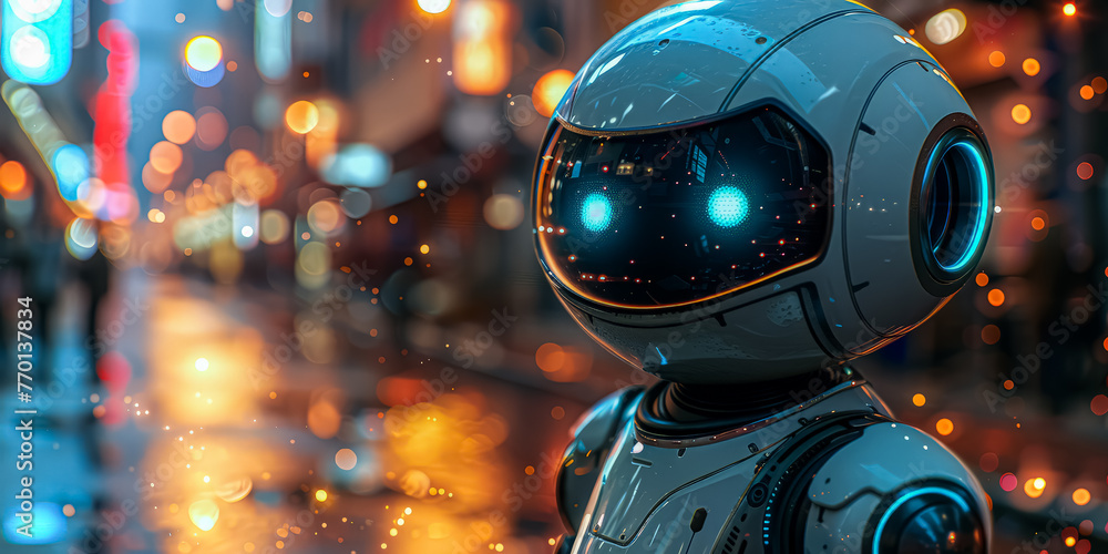 Poster a robot is standing in the rain with a city background. the robot is surrounded by a lot of light an