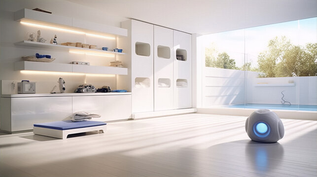 Luxury minimalist bright interior space with large windows and a robot vacuum cleaner