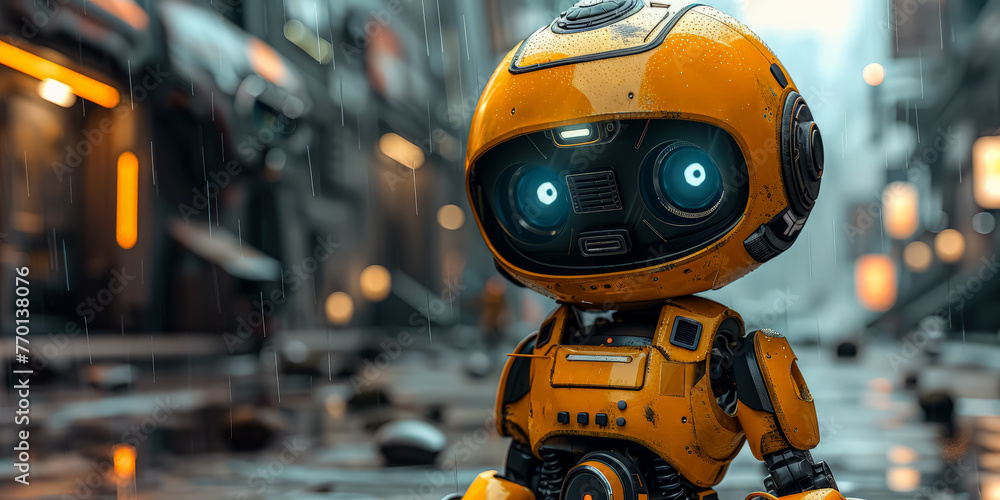Poster a robot is standing in a store with people around it. the robot has a creepy, metallic appearance an