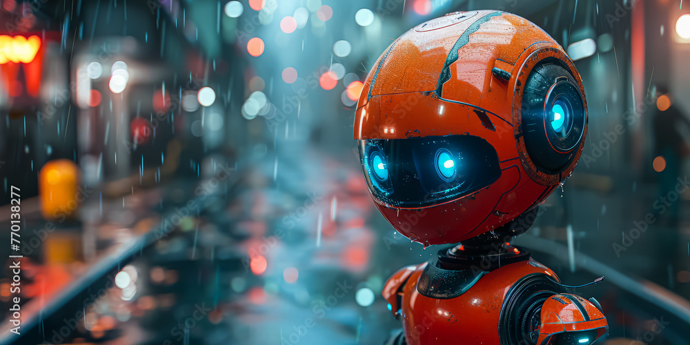 Poster a robot is standing in a store with people around it. the robot has a creepy, metallic appearance an