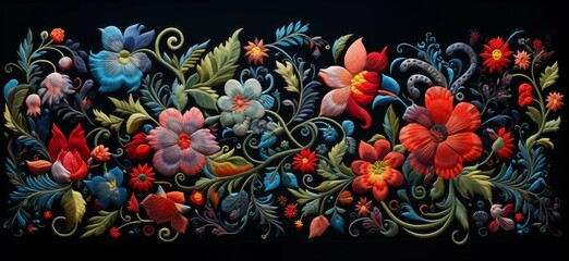 Obraz na płótnie Canvas Colorful flowers depicted on a black canvas, creating a striking contrast in this captivating painting.
