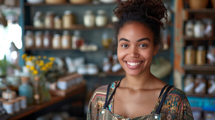 Smiling woman in the store - obrazy, fototapety, plakaty