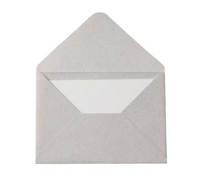Blank white card template mock up. in open beige envelope made from textured fiber paper.  Greeting card or invitation mailing concept. Flat lay, top view. Object isolated on transparent background