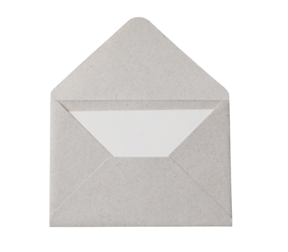 Blank white card template mock up. in open beige envelope made from textured fiber paper.  Greeting card or invitation mailing concept. Flat lay, top view. Object isolated on transparent background