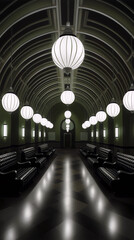 Art deco interior of a long dark green corridor with white lamps and black leather chairs