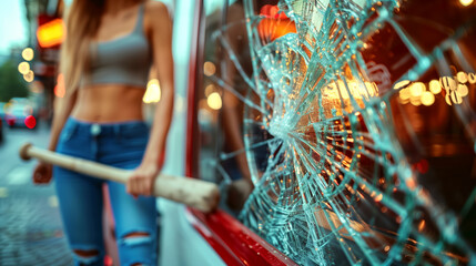 A woman with a baseball bat and a broken window