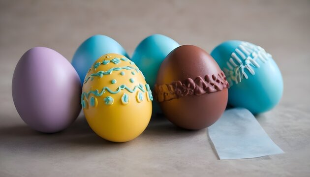 Colorful painted multitude of chocolate easter eggs, iced sugar on them