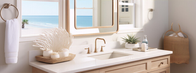 Coastal bathroom with white vanity, gold fixtures, coral, and beachy accents in the interior design style with a coastal art movement.