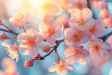 Flowering fruit trees in spring. Blooming branch of cherry, apricot, apple tree in sunny weather in spring.