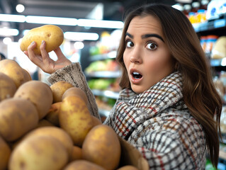 Woman in the grocery store with a potato in her hand - obrazy, fototapety, plakaty