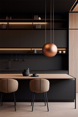 3d visualization of a modern minimalist kitchen interior with dark walls, wooden table and copper lamp